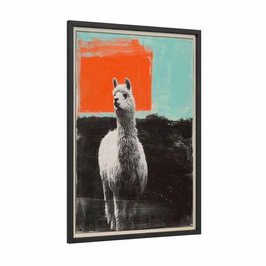 Geometric Alpaca framed art print — black wood frame — orange and turquoise palette