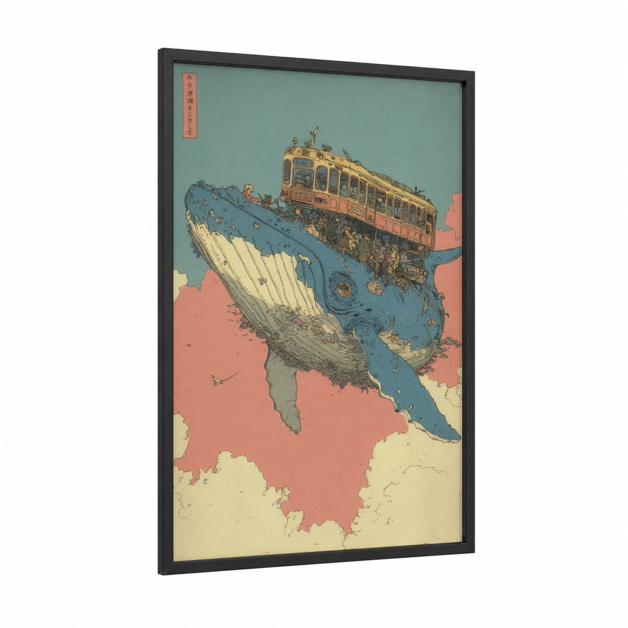 Steampunk Whale framed humpback whale print — black wood frame — blue and salmon pink palette