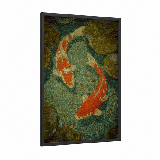 Crimson Koi Mosaic framed koi fish print — black wood frame — teal and red palette