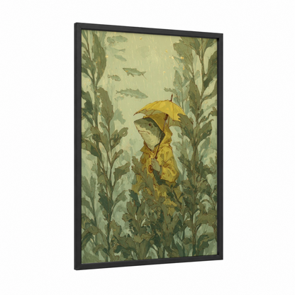 Rainy Lemon Shark framed art print — black wood frame — light green and yellow gold palette