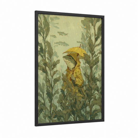 Rainy Lemon Shark framed art print — black wood frame — light green and yellow gold palette