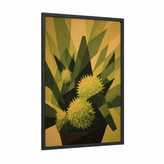 Golden Cactus framed art print — black wood frame — yellow gold and olive palette