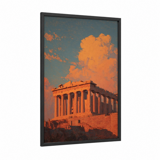 Golden Parthenon framed art print — black wood frame — gold and orange palette