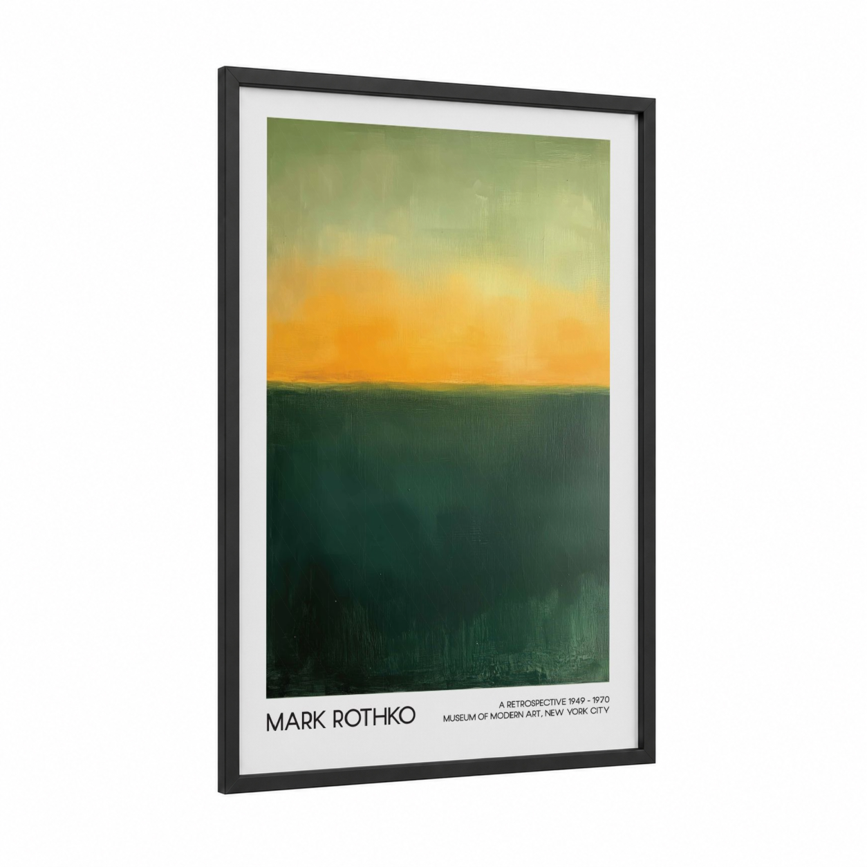 Golden Horizon framed abstract classic print — black wood frame — yellow gold and dark green palette