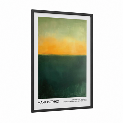 Golden Horizon framed abstract classic print — black wood frame — yellow gold and dark green palette