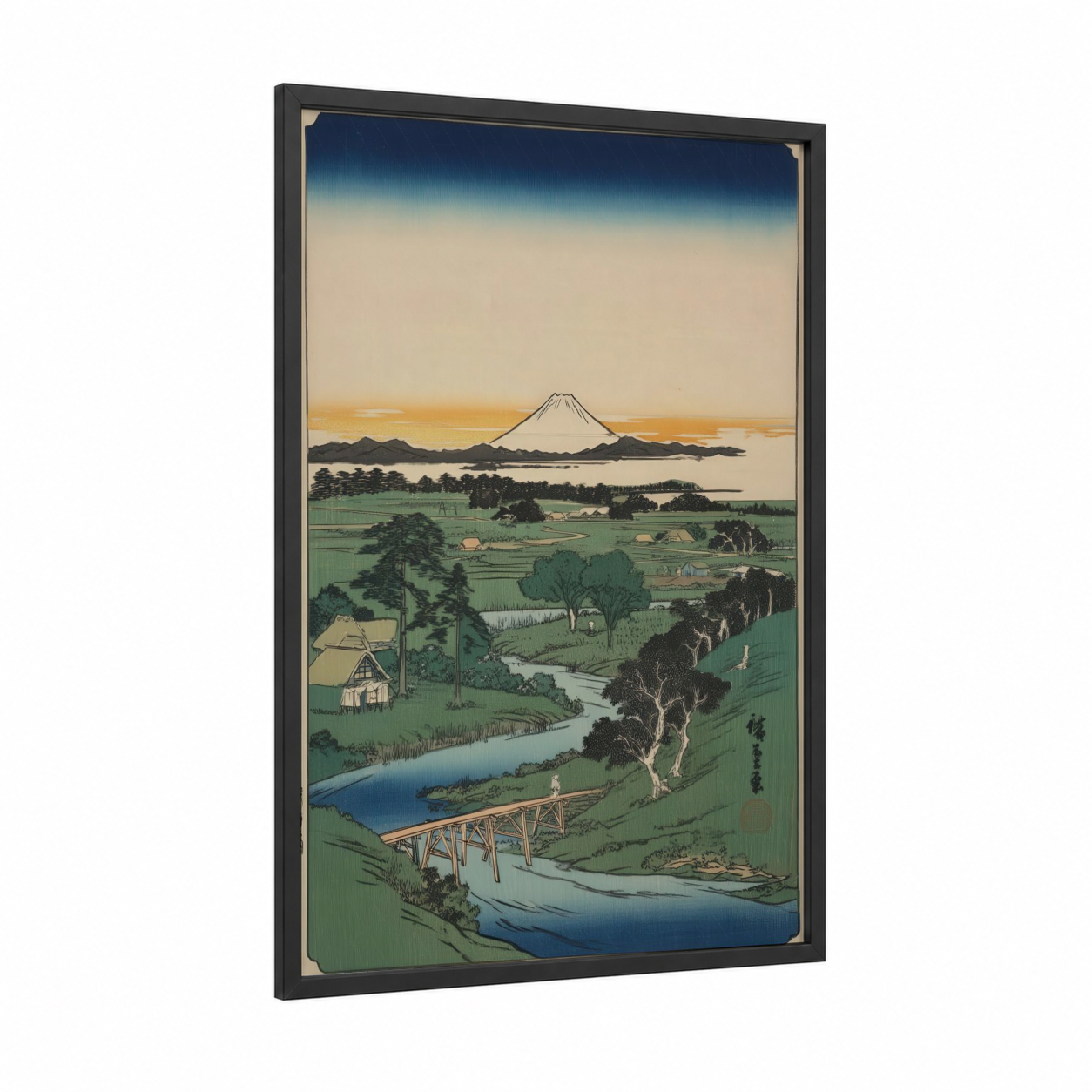 Mount Fuji Valley framed various landscapes print — black wood frame — green and blue palette