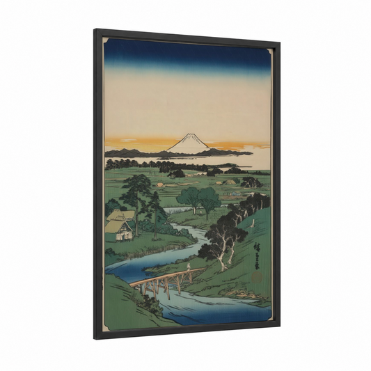 Mount Fuji Valley framed various landscapes print — black wood frame — green and blue palette