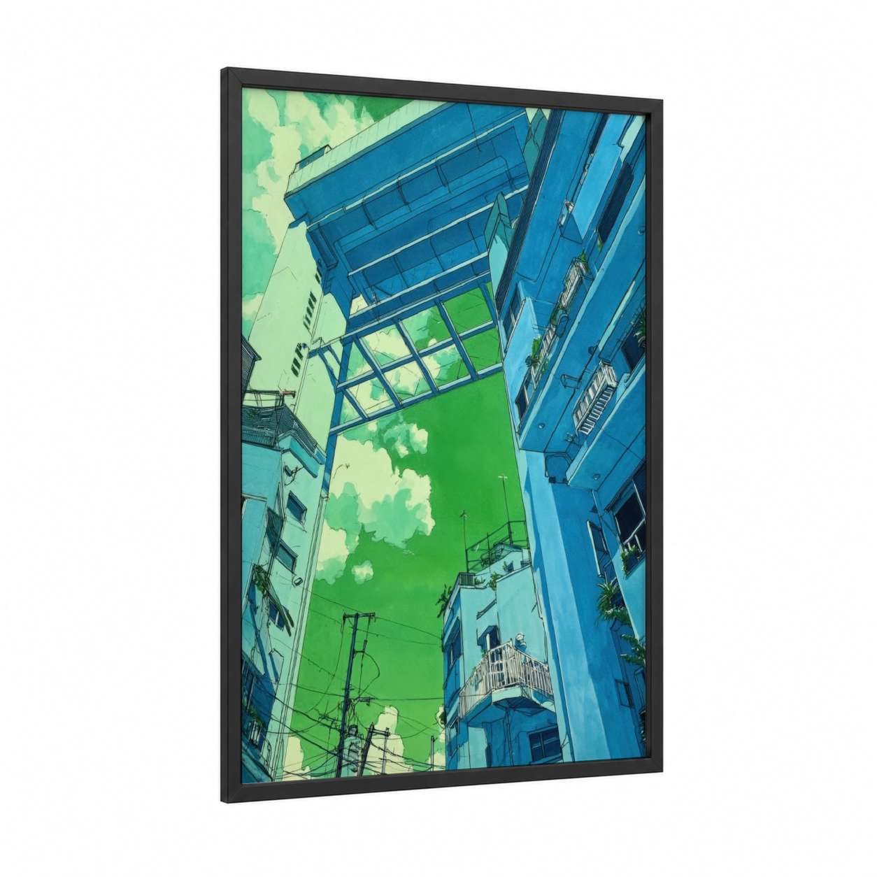 Urban Perspective framed abstract architecture print — black wood frame — blue and green palette