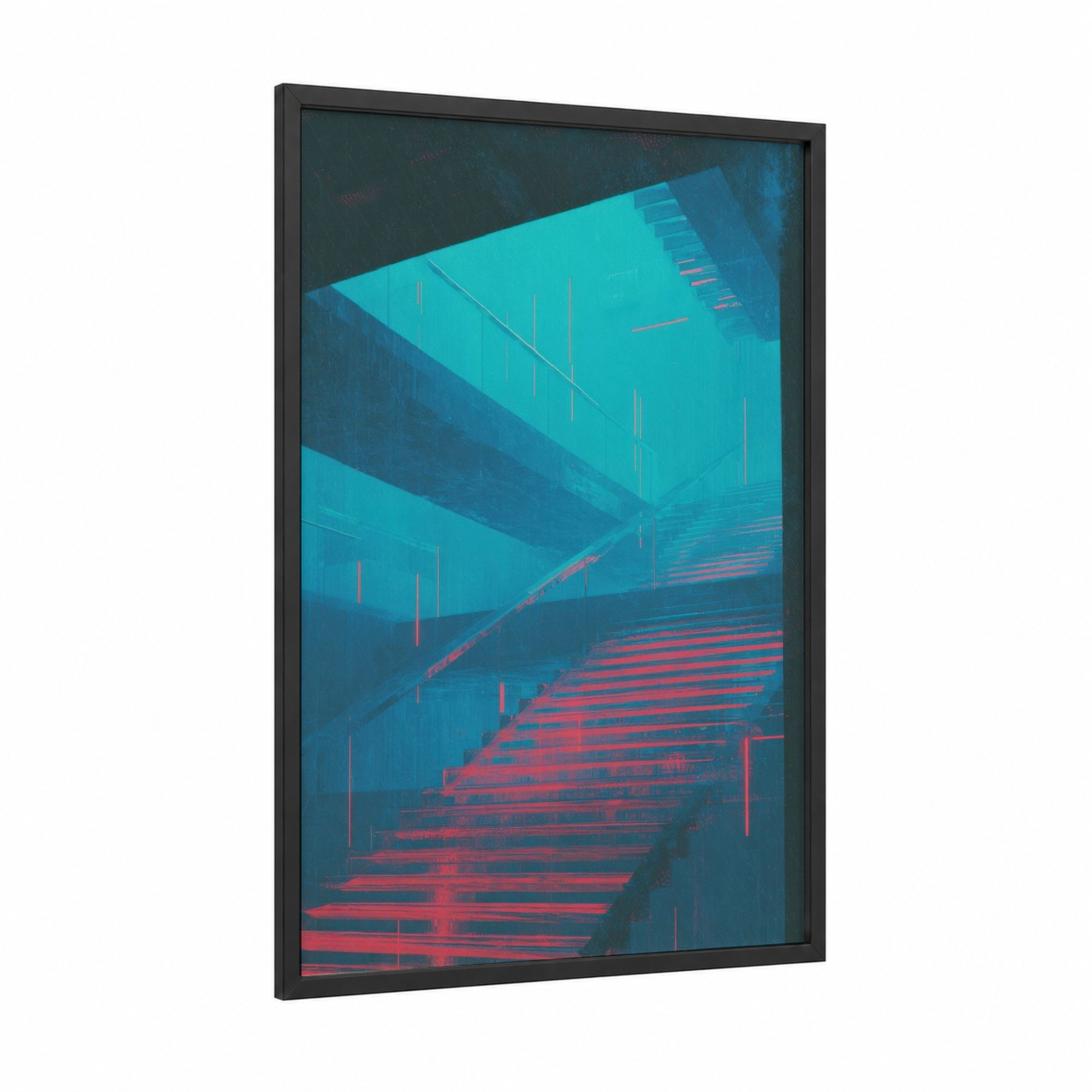 Neon Staircase framed art print — black wood frame — turquoise and magenta palette