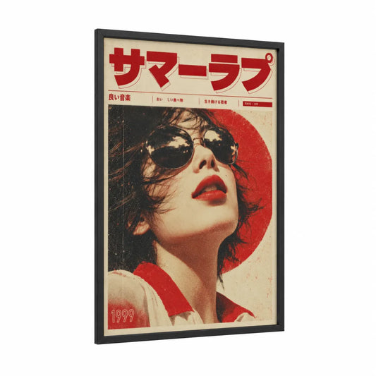 Vintage Japanese Magazine Fashion Wall Art framed lip print — black wood frame — red and beige palette