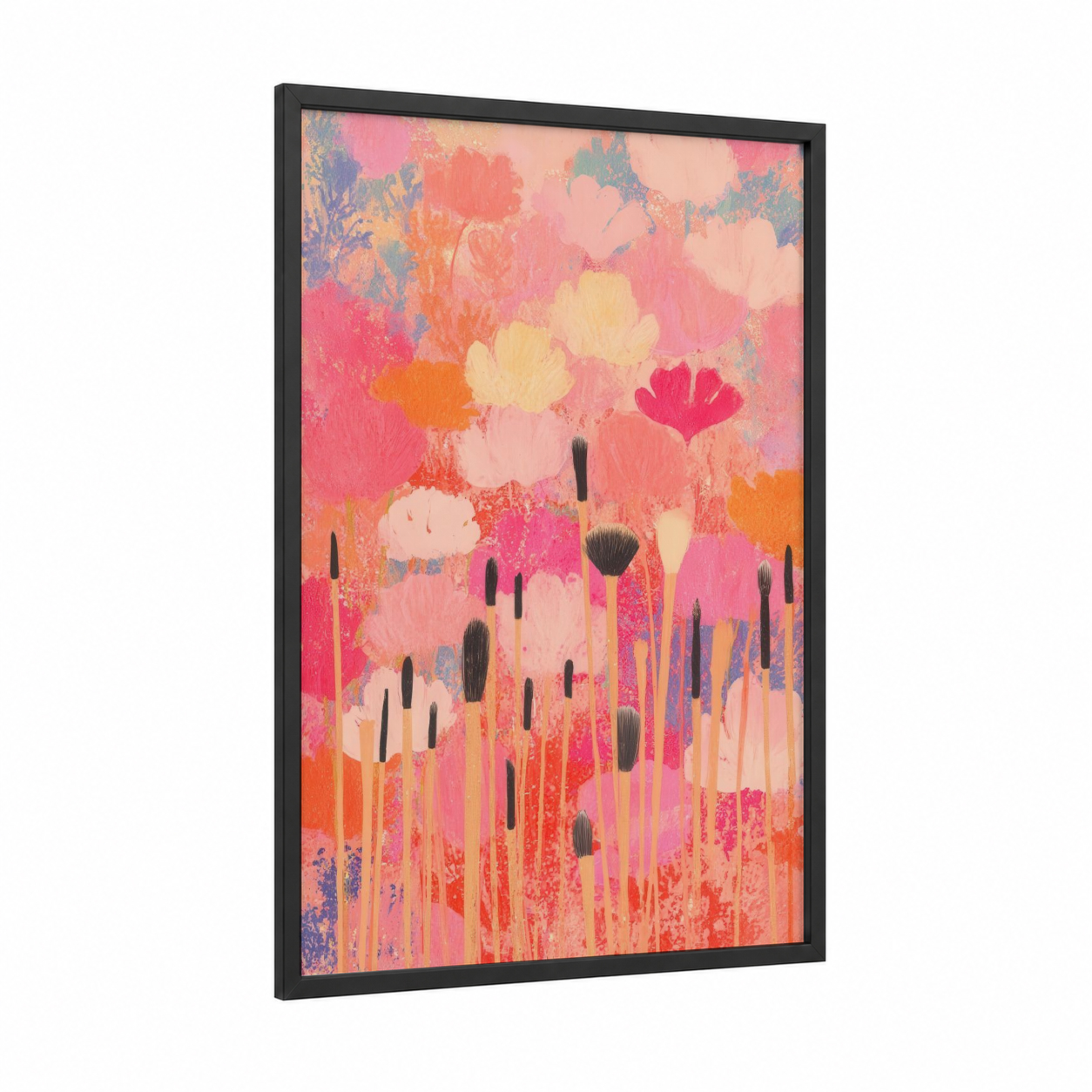 Paintbrush Garden framed make up print — black wood frame — pink and orange palette
