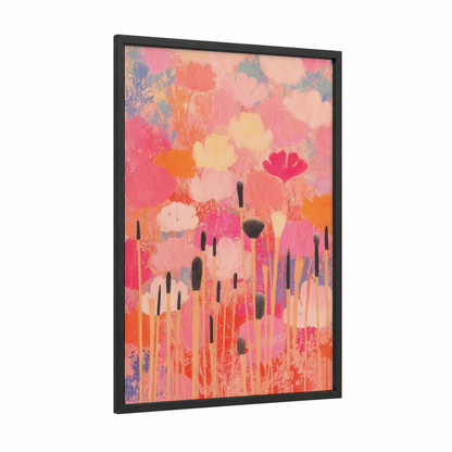 Paintbrush Garden framed make up print — black wood frame — pink and orange palette