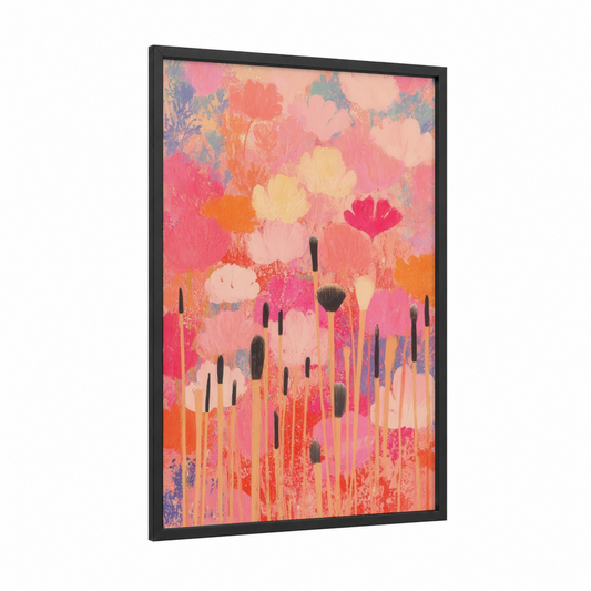 Paintbrush Garden framed make up print — black wood frame — pink and orange palette
