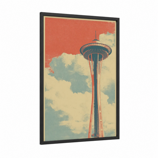 Crimson Needle Vintage framed space needle (seattle) print — black wood frame — red and cream palette