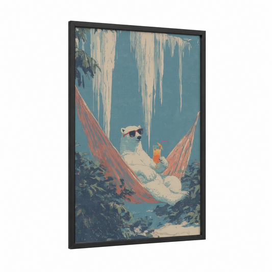 Chilled Polar Bear framed art print — black wood frame — blue and cream palette