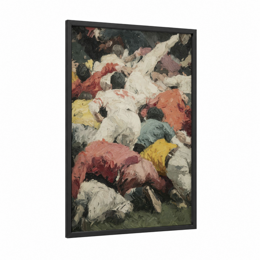 Muddy Tackle framed football print — black wood frame — black and white palette