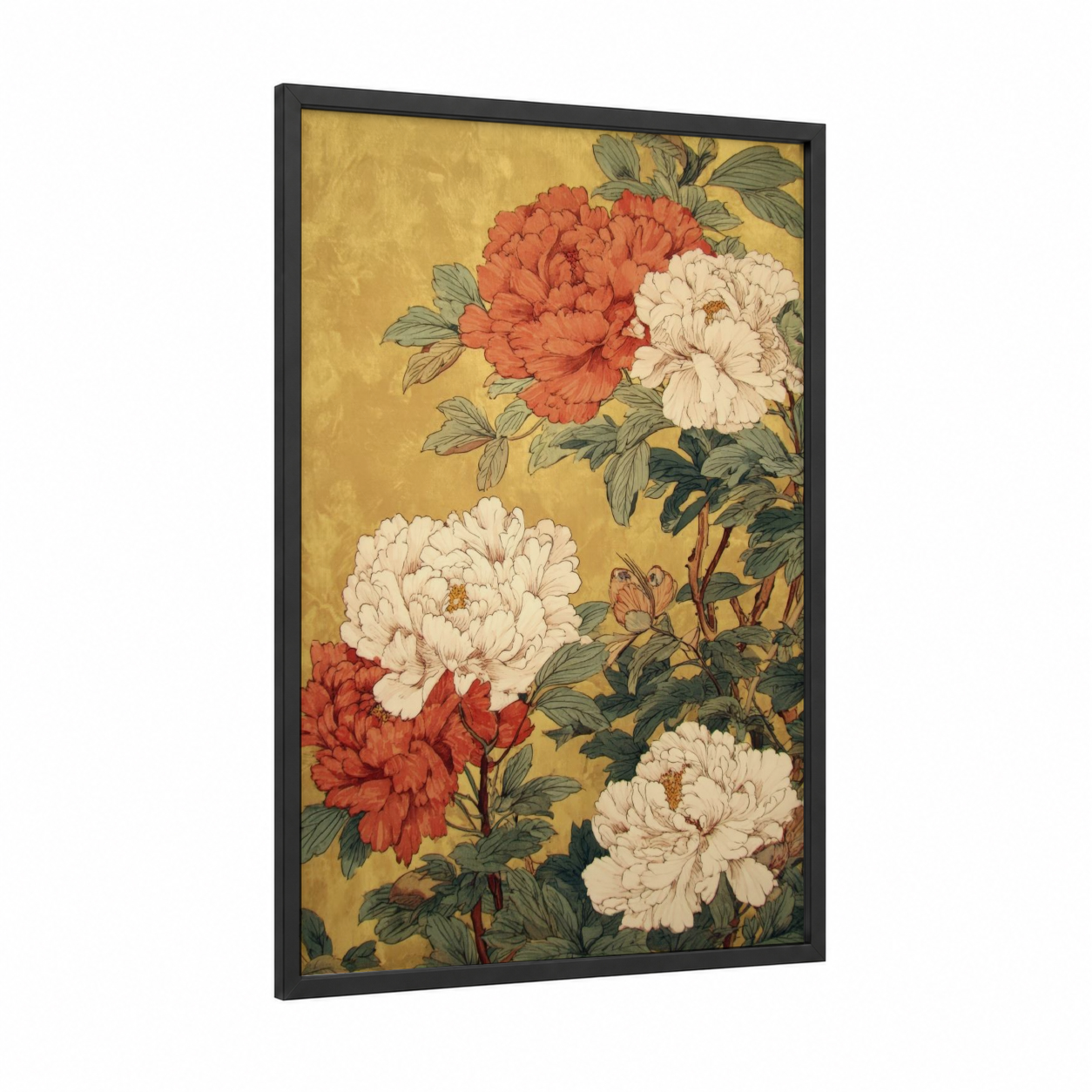 Coral Peony Garden framed art print — black wood frame — gold and red palette