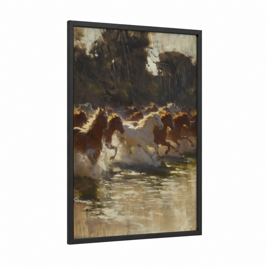 Galloping Quarter Horses framed art print — black wood frame — brown and gold palette