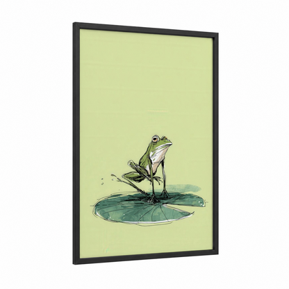 Lily Pad Frog framed frogs and toads print — black wood frame — light green and yellow palette