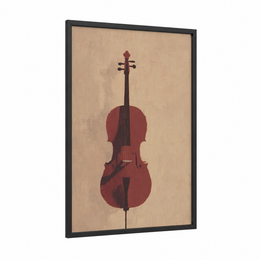 Crimson Cello framed art print — black wood frame — maroon and beige palette