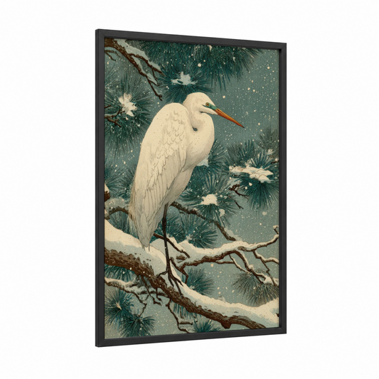 Snowy Heron framed art print — black wood frame — teal and cream palette