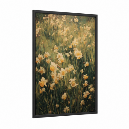 Golden Daffodil Field framed daffodils print — black wood frame — yellow gold and true green palette