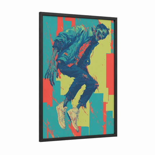 Undead Uprising framed zombie print — black wood frame — teal and red palette