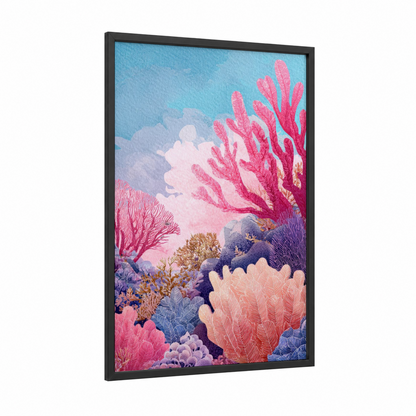 Vibrant Coral Reef framed art print — black wood frame — pink and blue palette