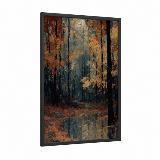 Autumn Maple Forest framed art print — black wood frame — gold palette