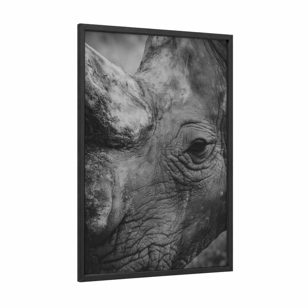 Textured Rhino framed art print — black wood frame — black and white and gray palette