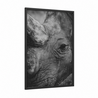 Textured Rhino framed art print — black wood frame — black and white and gray palette