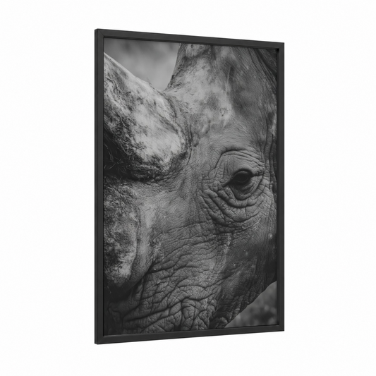 Textured Rhino framed art print — black wood frame — black and white and gray palette