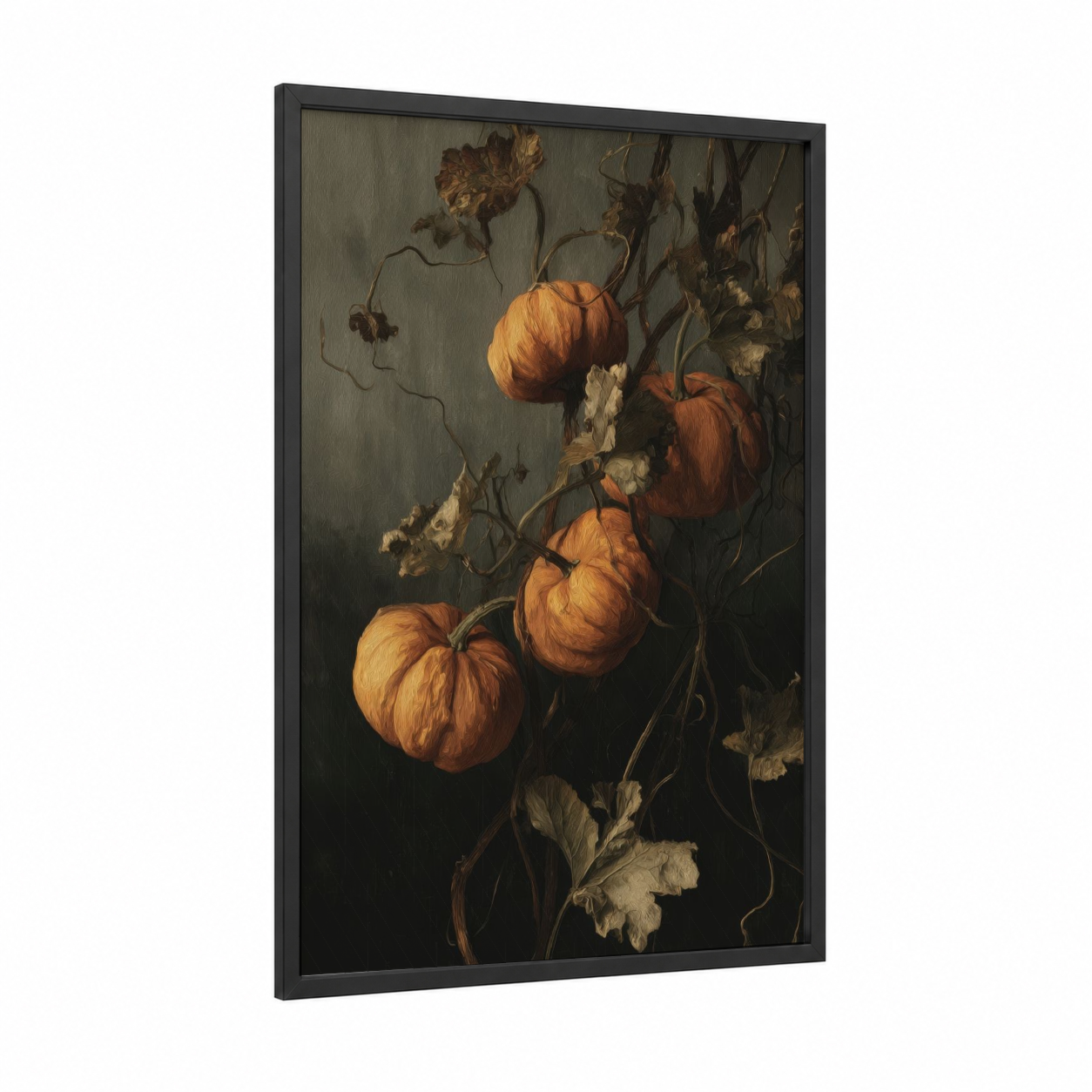 Autumn Pumpkins framed art print — black wood frame — gold and dove gray palette