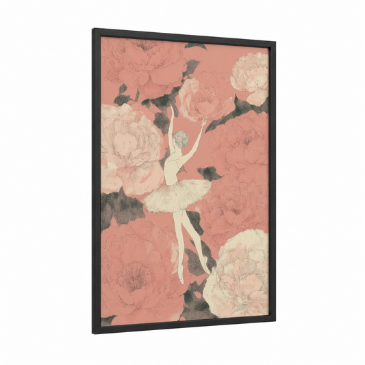 Peony Ballet framed art print — black wood frame — peach and cream palette