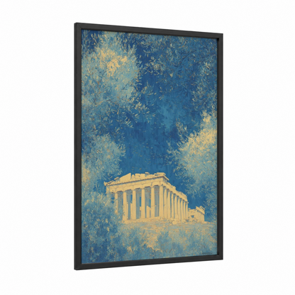 Golden Parthenon framed art print — black wood frame — blue and gold and cream palette