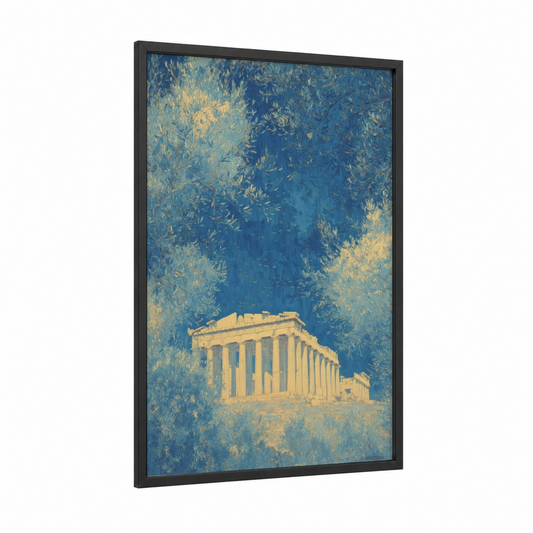 Golden Parthenon framed art print — black wood frame — blue and gold and cream palette