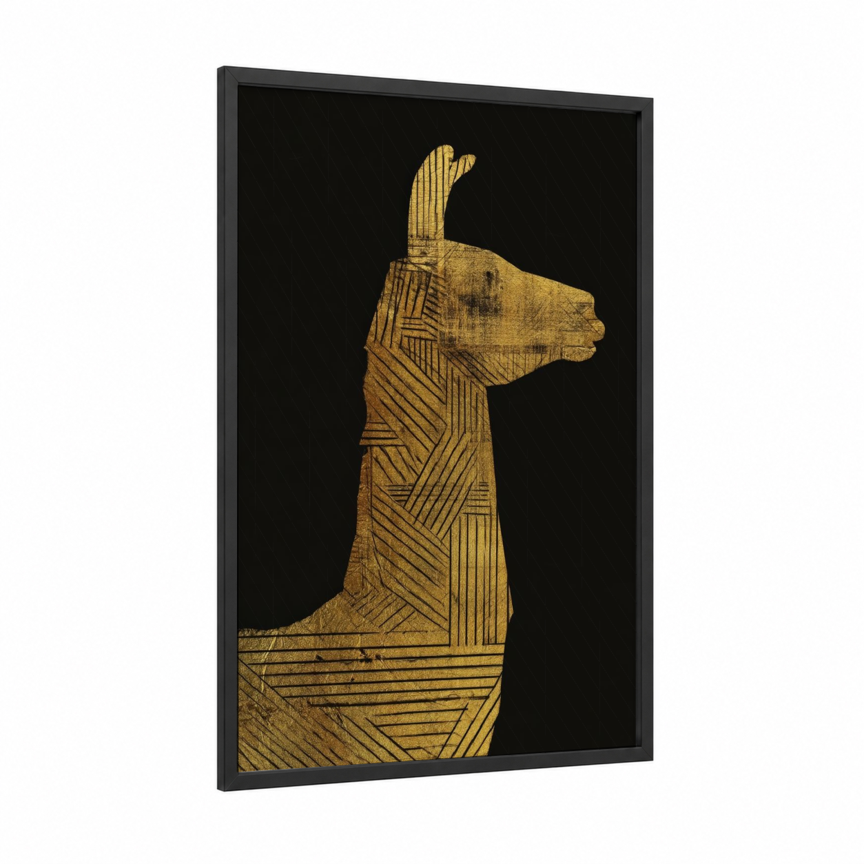 Golden Llama framed art print — black wood frame — gold and black palette