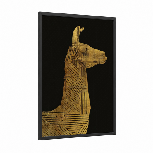 Golden Llama framed art print — black wood frame — gold and black palette
