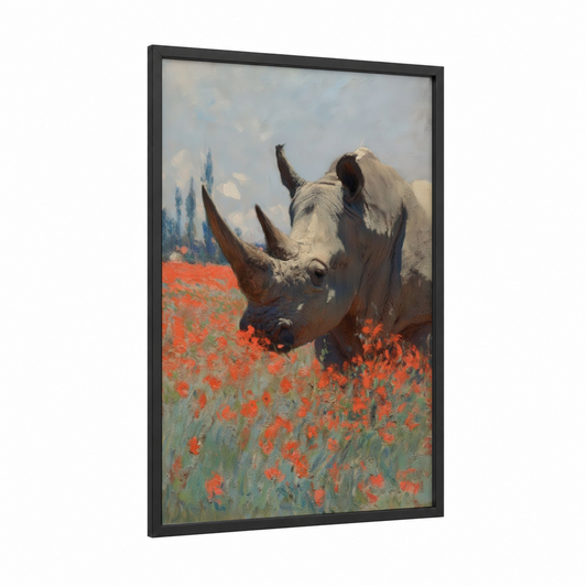 Poppy Field Rhino framed art print — black wood frame — red and gray palette