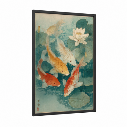 Golden Koi Pond framed koi fish print — black wood frame — teal and cream palette