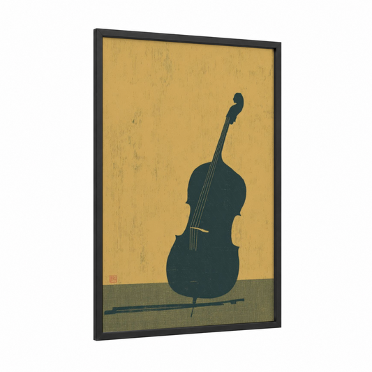Midnight Cello framed art print — black wood frame — gold palette