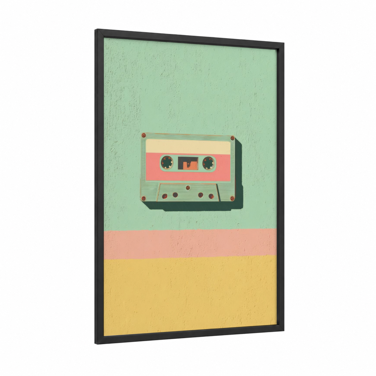 Retro Cassette framed casette print — black wood frame — light green and yellow palette