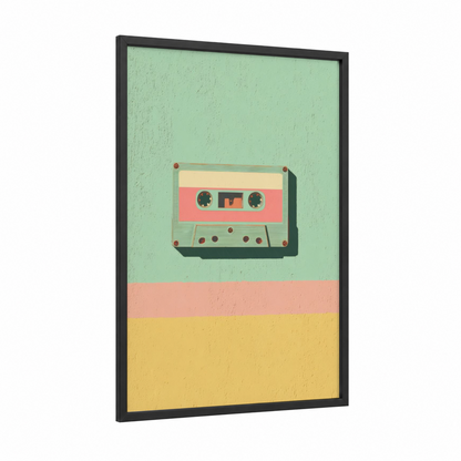 Retro Cassette framed casette print — black wood frame — light green and yellow palette