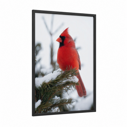 Snowy Cardinal framed art print — black wood frame — red and white palette