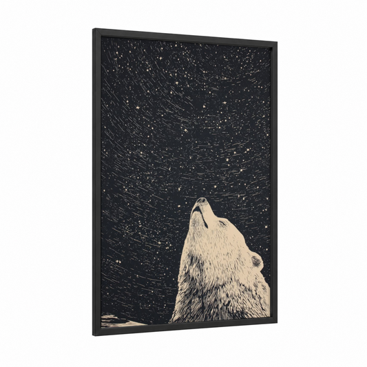 Stargazing Wolf framed space print — black wood frame — black and white and cream palette
