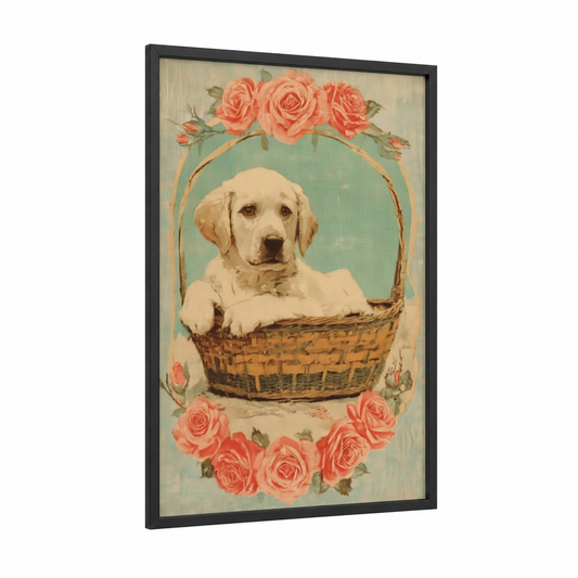 Cream Retriever Basket framed art print — black wood frame — peach and light green palette