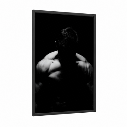 Muscular Strength framed bodybuilding print — black wood frame — black and white palette