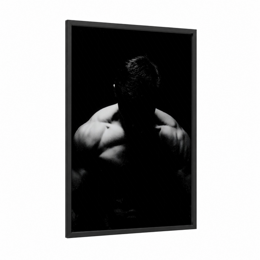 Muscular Strength framed bodybuilding print — black wood frame — black and white palette
