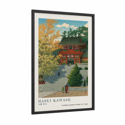 Autumn Temple Staircase framed art print — black wood frame — gold and green palette