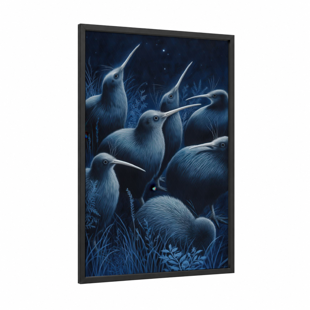 Kiwi Birds Nighttime framed art print — black wood frame — blue and white palette